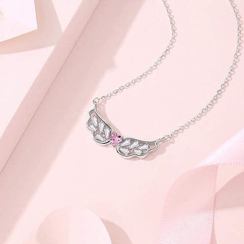 Angel Wings Heart Pendant Necklace In 925 Sterling Silver With Pink And White Zirconia Sweet Romantic Gift For Women Jewelry