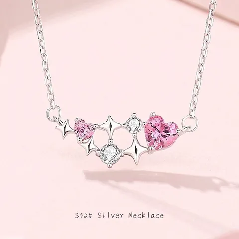 925 Sterlingsilber Rosa Herz Halskette Luxus Planet Stern Anhänger Zirkonia Choker Süßer Romantischer Schmuck Für Damen