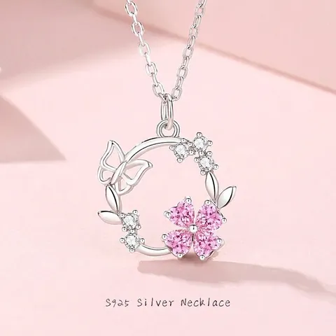 Collar de Colgante de Mariposa de Flor de Plata de Ley S925 para Mujer Zirconia Cúbica Rosa Estilo Dulce Joyería