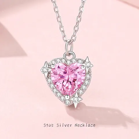 Collana con Ciondolo a Cuore in Argento Sterling 925 Zirconia Rosa Accento a Stella Gioielli Romantici per Donna Regalo