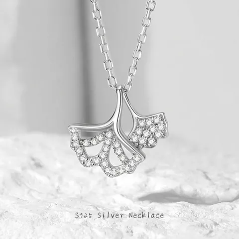 925 Sterling Zilver Ginkgo Blad Hanger Halsketting Zirkonia Ingelegd Planten Sieraden Voor Dames Elegant Cadeau