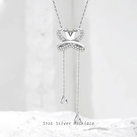 Collar de Plata de Ley 925 con Colgante de Corazón Lazo Borla Lujo Circonia Incrustada Joyería Elegante Estilo Coreano para Mujer