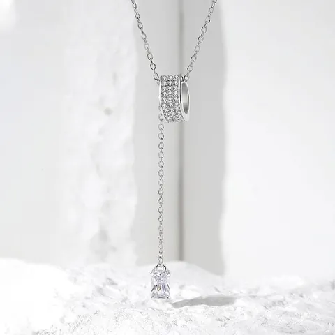 Collana a Y in Argento Sterling S925 Con Nappa a Cilindro Ciondolo in Zirconia Geometrica Catena Gioielli Regalo