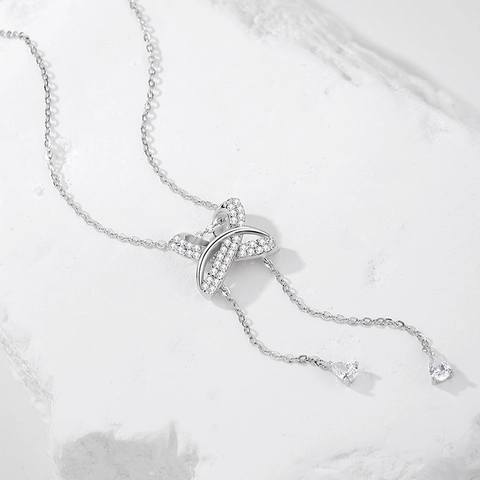 Collar de Plata de Ley 925 con Colgante de Corazón Lazo Borla Lujo Circonia Incrustada Joyería Elegante Estilo Coreano para Mujer