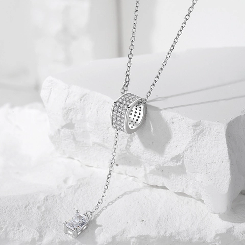 Collana a Y in Argento Sterling S925 Con Nappa a Cilindro Ciondolo in Zirconia Geometrica Catena Gioielli Regalo
