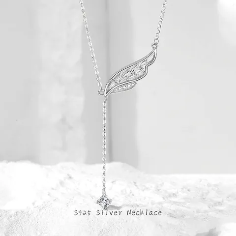 Collana con Nappa ad Ala d'Angelo in Argento Sterling 925 per Donna Elegante Ala Placcata in Platino con Strass e Catena a Y per Clavicola Gioielli