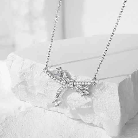 S925 Sterling Silver Bowknot Tassel Pendant Necklace For Women Elegant Minimalist Zirconia Inlaid Clavicle Chain Jewelry