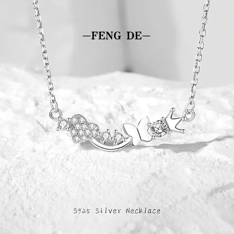 Collar de Pendiente de Corona de Mariposa de Corazón de Zirconia de Plata de Ley 925 para Mujer Joyería Elegante de Lujo