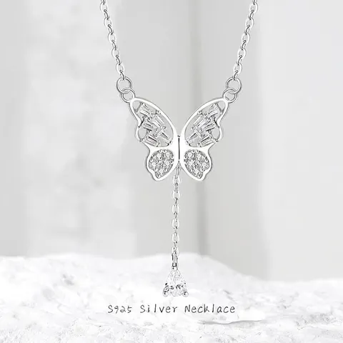 S925 Sterlingsilber Schleife Schmetterling Quaste Halskette Minimalistisch Strass Y Kette Schmuck Für Damen Mädchen Geschenk