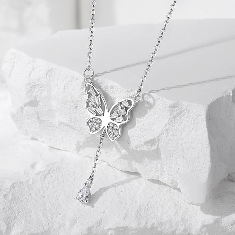 S925 Sterlingsilber Schleife Schmetterling Quaste Halskette Minimalistisch Strass Y Kette Schmuck Für Damen Mädchen Geschenk