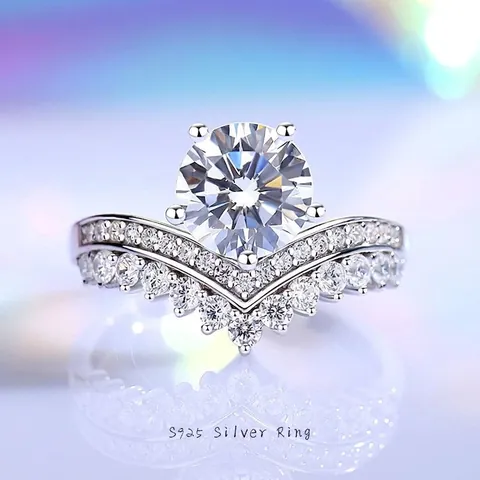 925 Sterlingsilber Moissanit Kronenring Luxus Zirkonia Eingelegter Ehering V-Förmiges Band Set Valentinstagsgeschenk Für Damen