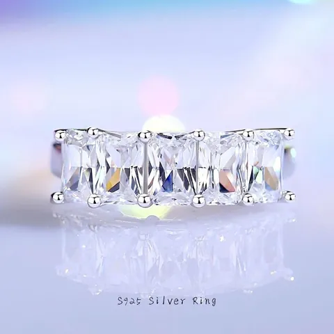 S925 Sterling Silver Rectangular Zirconia Row Ring Minimalist Fashion Finger Band Jewelry For Women High Fire Zirconia Ring