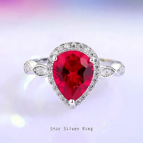 925 Sterlingsilber Birnenform Rubinrot Saphirblau Zirkonia Halo Ring Für Damen Eleganter Bankett Hochzeit Party Schmuck