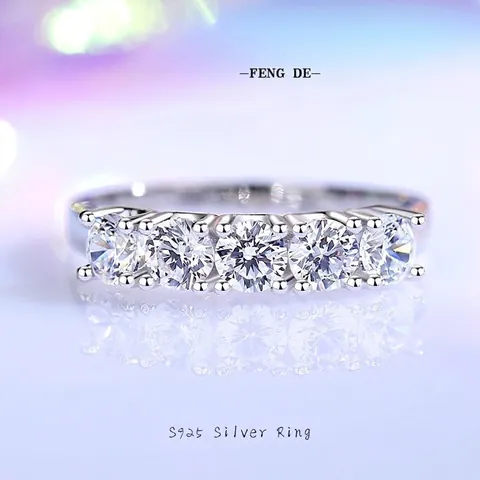 925 Sterling Silver Ring for Women with 5 Moissanite Zirconia Stones Half Eternity Row Band Fashion Jewelry Gift