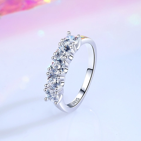 925 Sterling Silver Ring for Women with 5 Moissanite Zirconia Stones Half Eternity Row Band Fashion Jewelry Gift