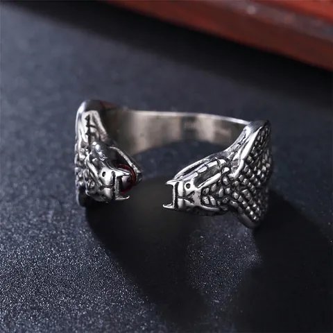 Retro Titanium Steel Double Snake Head Open Ring For Men Punk Gothic Dragon Scale Rhinestone Inlaid Adjustable Ring Fashion Jewelry Gift