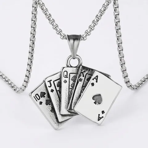 Vintage Titanium Steel Poker Card Royal Flush Pendant Necklace For Men Antique Silver Spade Ace Punk Style Jewelry Accessory