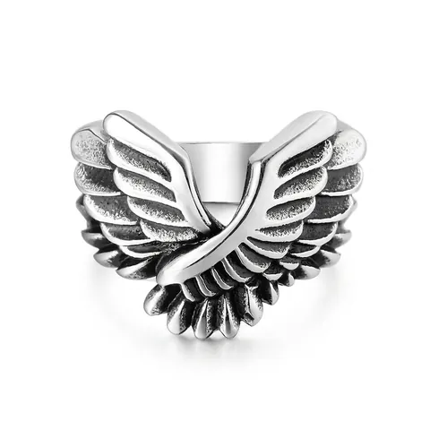 Anello da Uomo Vintage con Ali d'Angelo in Acciaio Inossidabile Stile Gothic Punk Fascia Piuma Ossidato Gioielli Biker