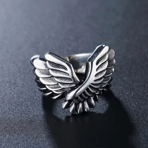 Anello da Uomo Vintage con Ali d'Angelo in Acciaio Inossidabile Stile Gothic Punk Fascia Piuma Ossidato Gioielli Biker