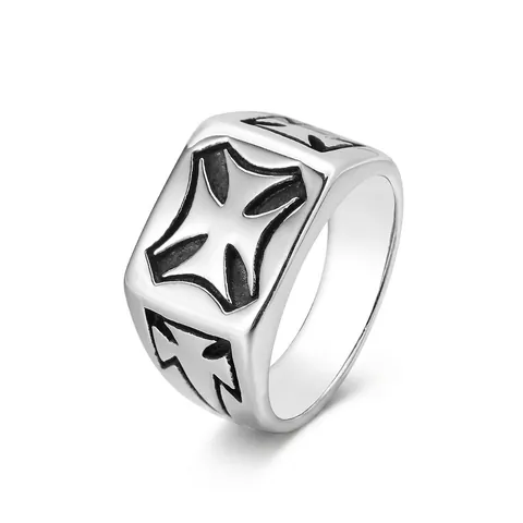 Retro Stainless Steel Cross Square Signet Ring For Men Punk Gothic Distressed Silver Iron Cross Band Ring Fashion Jewelry