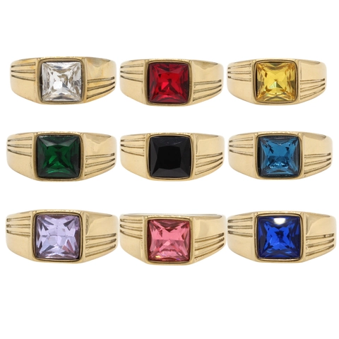 Anillo de Acero de Titanio Vintage para Hombre con Piedra Preciosa Cuadrada Incrustada Banda Chapada en Oro Plata Negro Joyería de Moda con Rayas Retro