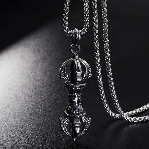 Vintage Titanium Steel Vajra Pendant Necklace Men Women Distressed Buddhist Religious Jewelry Retro Blackened Metal Pendant
