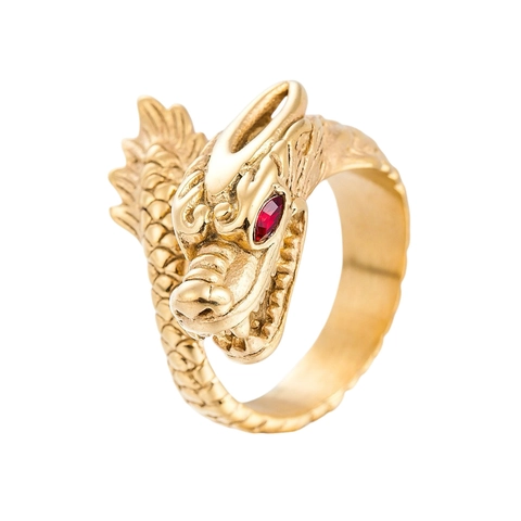 Vintage Gold Dragon Head Stainless Steel Ring For Men Personalized Red Rhinestone Eyes Punk Luxury Hip Hop Dragon Finger Ring