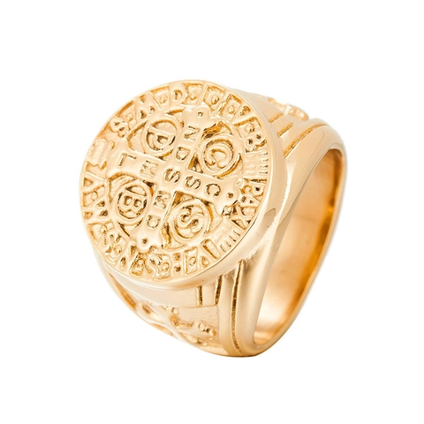Vintage Saint Benedict Medal Cross Ring For Men Stainless Steel Religious Shield Embossed Retro Gold Silver Band Jewelry