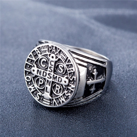 Vintage Saint Benedict Medal Cross Ring For Men Stainless Steel Religious Shield Embossed Retro Gold Silver Band Jewelry