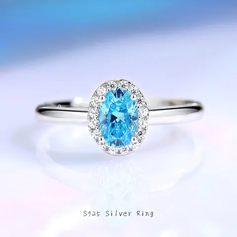 S925 Sterling Zilveren Ring Voor Vrouwen Ovaal Blauw Zirconia Halo Verstelbare Open Vingerring Mode Sieraden Verjaardagscadeau