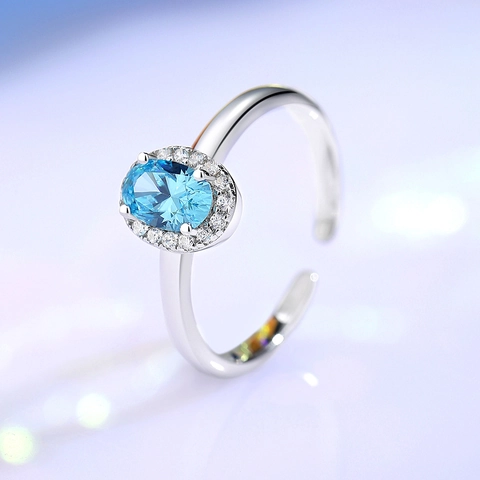 S925 Sterling Zilveren Ring Voor Vrouwen Ovaal Blauw Zirconia Halo Verstelbare Open Vingerring Mode Sieraden Verjaardagscadeau