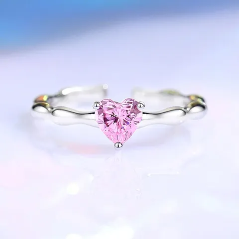 S925 Sterling Silver Pink Heart Zirconia Adjustable Ring For Women Elegant Bamboo Texture Finger Jewelry Niche Design Gift