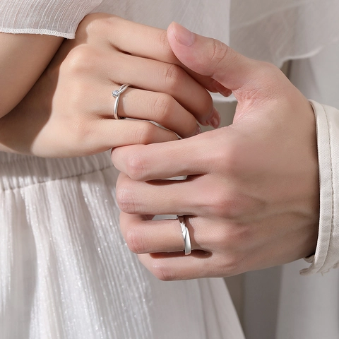925 Sterling Silver Couple Rings Adjustable Open Ring Rhinestone Inlaid Geometric Twist Design Simple Fashion Jewelry For Lovers Gift