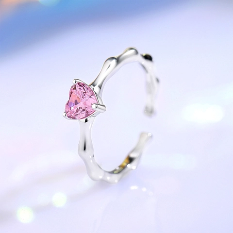S925 Sterling Silver Pink Heart Zirconia Adjustable Ring For Women Elegant Bamboo Texture Finger Jewelry Niche Design Gift