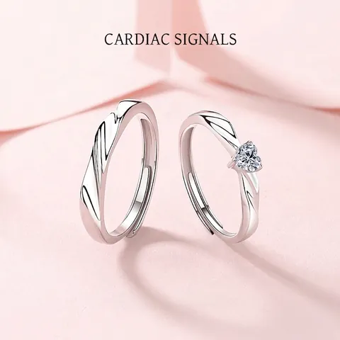 Anillos de Pareja de Plata de Ley S925 Corazón Zirconia Cúbica Abertura Ajustable Patrón de Ondas Anillo de Compromiso Boda Joyería Romántica Minimalista Regalo Para Enamorados