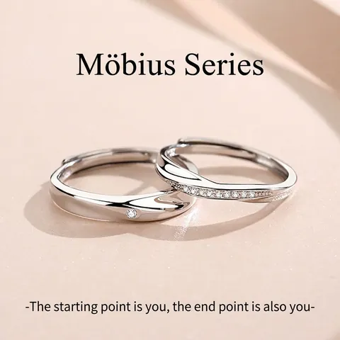 S925 Sterling Silver Mobius Loop Couple Rings Adjustable Open Ring Zirconia Inlaid Minimalist Jewelry Anniversary Gift
