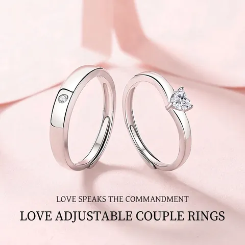 Anelli di Coppia in Argento Sterling 925 Cuore Strass Design Aperto Regolabile per Innamorati Regalo Gioielli Anniversario