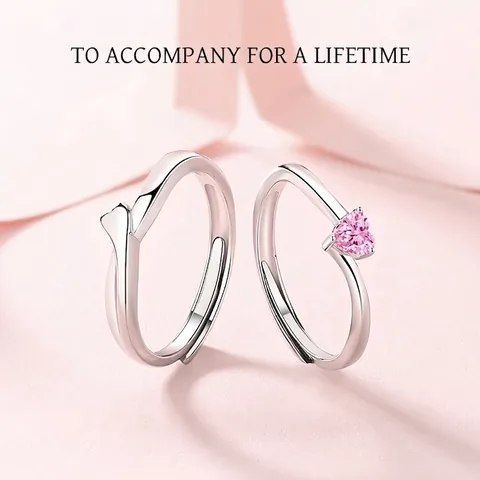S925 Sterling Silver Heart Couple Rings For Men Women Romantic Pink Zirconia Open Adjustable Ring Elegant Jewelry Gift