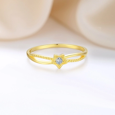 Anello a Stella in Argento Sterling 925 per Donna Placcato Oro con Strass Intarsiato Impilabile Gioielli di Moda