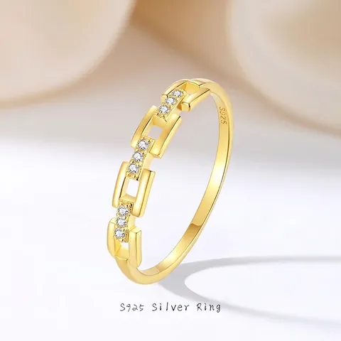 S925 Sterlingsilber Vergoldet Kettenring Für Damen Minimalistisch Mikro-Pavé Strass Mode Geometrischer Fingerring Schmuck