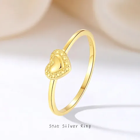 Anello Cuore in Argento Sterling S925 per Donna Placcato Oro Minimalista Bordo Perlato Anello Dito Moda Gioielli Regalo