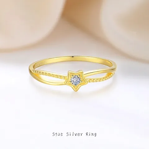 Anello a Stella in Argento Sterling 925 per Donna Placcato Oro con Strass Intarsiato Impilabile Gioielli di Moda