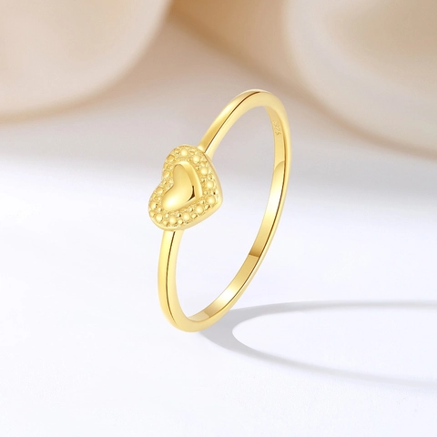 Anello Cuore in Argento Sterling S925 per Donna Placcato Oro Minimalista Bordo Perlato Anello Dito Moda Gioielli Regalo