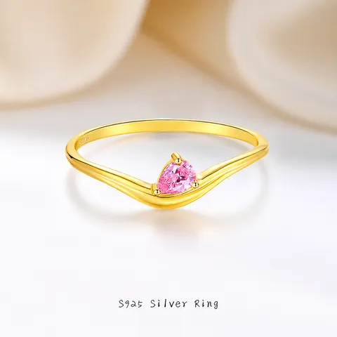 925 Sterlingsilber Vergoldet V Form Welle Ring Für Damen Rosa Zirkonia Wassertropfen Edelstein Minimalistischer Fingerring