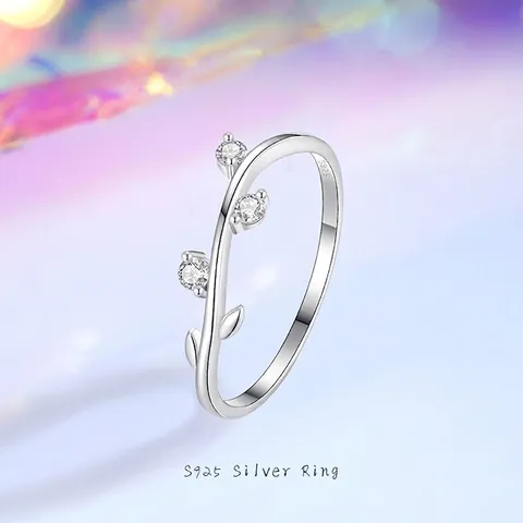 Anello a Foglia Impilabile in Argento Sterling S925 per Donna Stile Naturale Placcato Oro Bianco Strass Gioielli