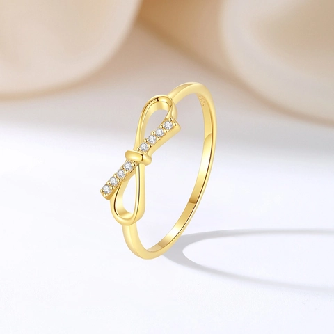 Anillo de Lazo de Plata de Ley S925 para Mujer Chapado en Oro Con Circonia Incrustada Anillo de Lazo Delicado Joyería de Moda