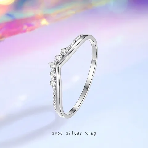 925 Sterling Silver V Shaped Ring For Women Stackable Zirconia Inlaid White Gold Plated Wedding Finger Ring Jewelry Gift