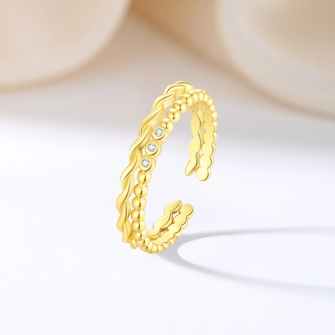Anillo de Doble Capa de Plata de Ley 925 Chapado en Oro de Lujo Minimalista Ajustable con Zirconia Incrustada Anillo Apilable para Mujer Joyería