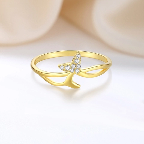 925 Sterling Silver Fish Tail Ring Gold Plated Cubic Zirconia Mermaid Tail Minimalist Stackable Finger Ring For Women Jewelry