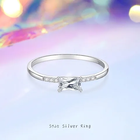 S925 Sterling Silver Square Cubic Zirconia Ring For Women Elegant Micro Inlaid Stacking Fashion Commuter Finger Jewelry